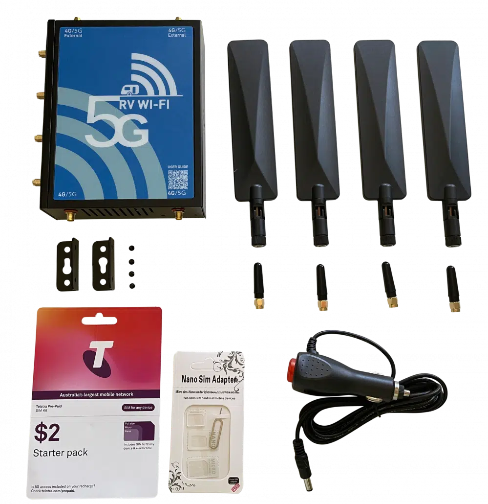 RV WIFI 5G is designed specifically for Recreational Vehicles. RV WIFI 5G comes with an external antenna. Better Range/less interference and noise. RV WIFI 5G comes with a 12 volt power connection, no batteries to run out, just set and forget! RV WIFI 5G is not locked into any providers, your choice to buy on range or price. RV WIFI 5G has no limit on users. The more the merrier! RV WIFI 5G offers ‘In Car Entertainment’, while on the move. RV WIFI 5G has excellent WIFI range in and around your Caravan. RV WIFI 5G has a mulifuncitonal 4G/5G/WIFI exeternal antenna, this equals great range! RV WIFI 5G is a fully enabled MIMO router. RV WIFI 5G has improved 4G capability. RV WIFI 5G is 5G! RV WIFI 5G can connect to Starlink.